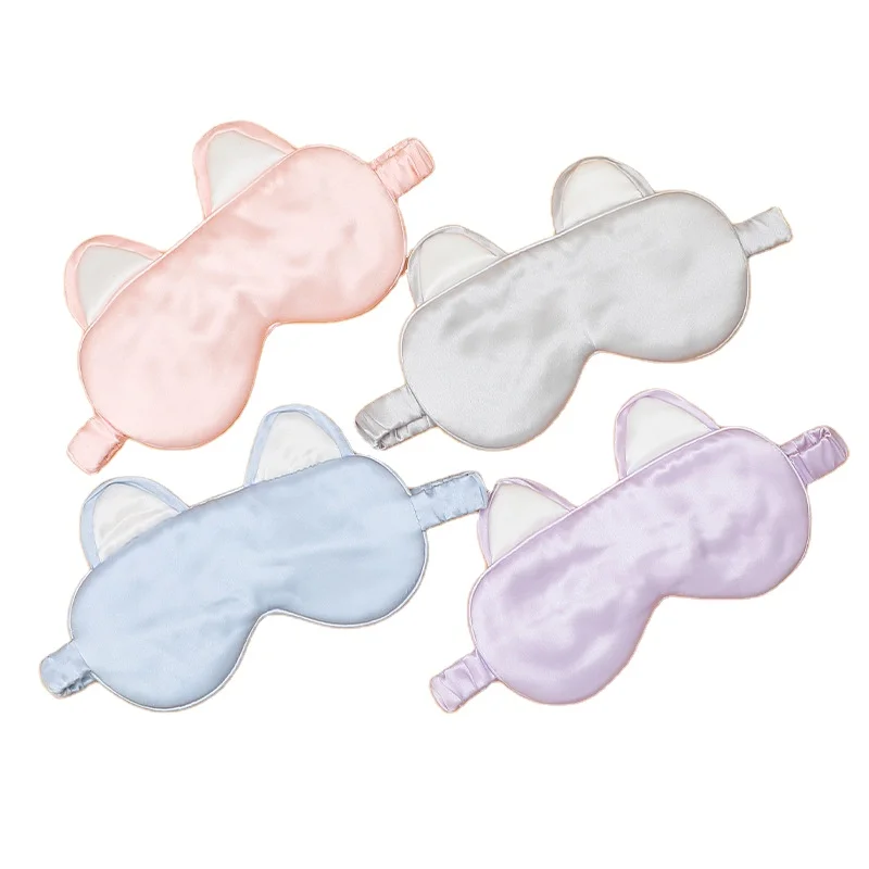 Cute Cat Ears Cartoon Silk Eye Mask Solid Color Thickened Silk Eye Mask for Sleep