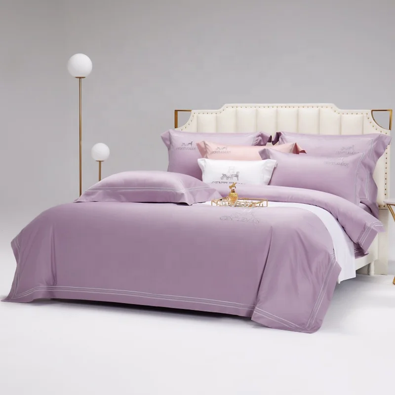 Purple Four Piece Bedding Sets 100% Cotton Simple Style Luxury Wedding Bridal Duvet Cover Bed Sheet Sets