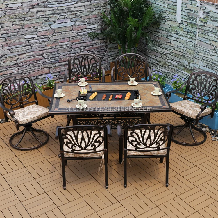 Casual outdoor patio furniture aluminium dining set six seat chairs and BBQ table