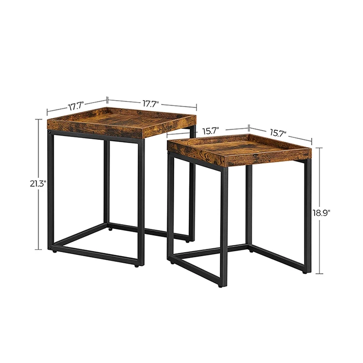 Vekin Living Room Furniture Set of 2 Side Tables Industrial Rustic Brown Nesting Tables Coffee Table Set with Raised Edges