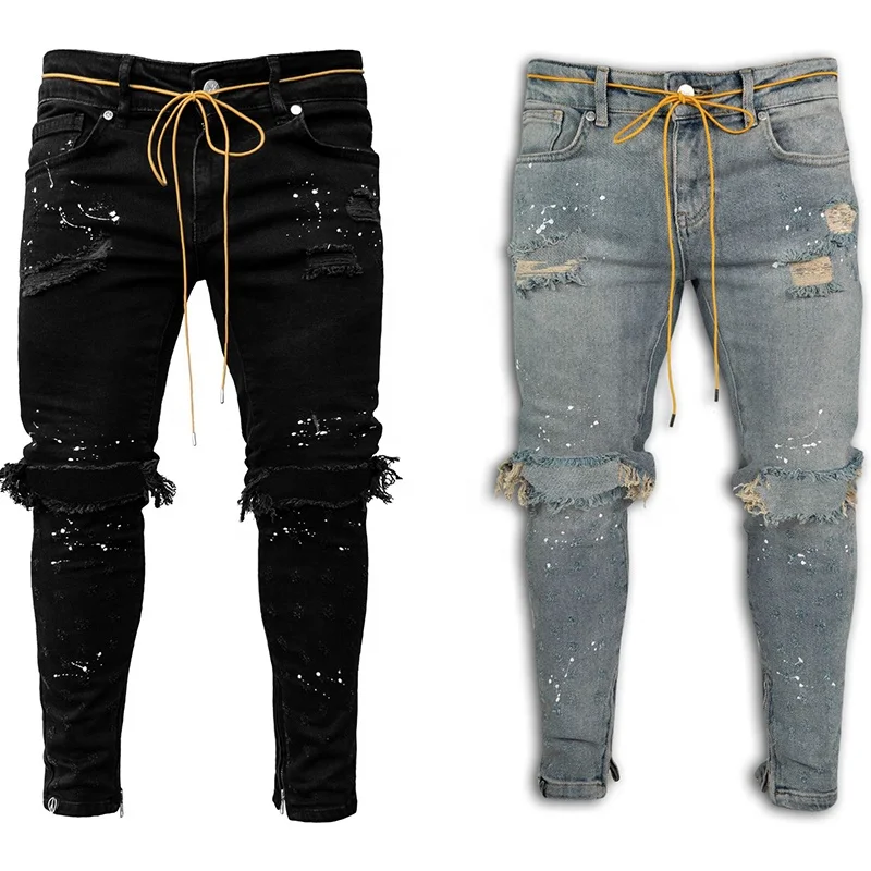 OA Vintage heavy destroy ripped slim stacked denim jeans mens ragged denim pants wholesales jeans for men stylish
