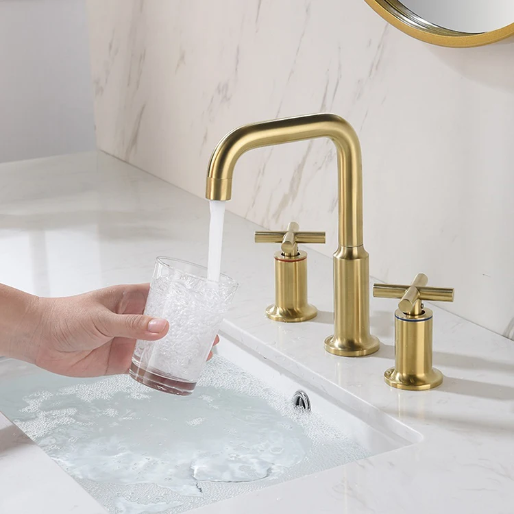 Deck Mounted Brushed Gold 3 Holes Double Corss Handle High-Arc Widespread Bathroom Split Basin Sink Faucet