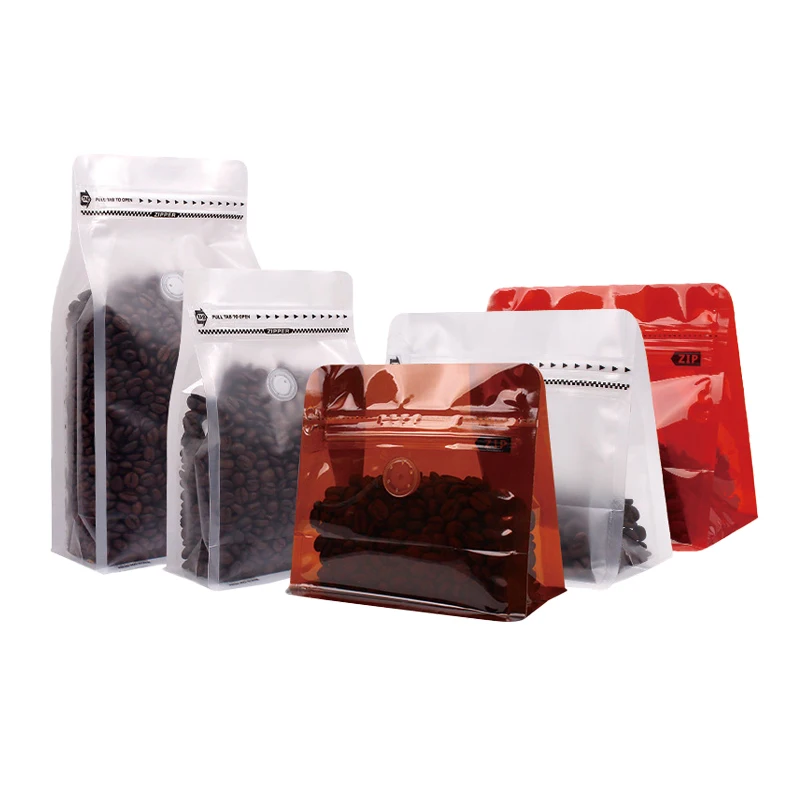Изготовленный на заказ Чехол для упаковки кофейных зерен с плоским дном 250 г с клапаном и застежкой-молнией Прозрачный матовый кофейный мешок