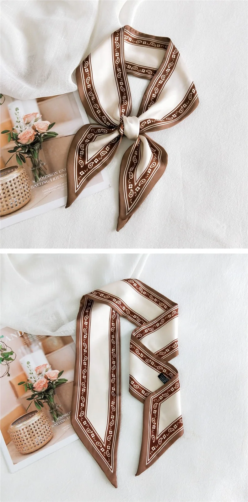 HB0436 Fashion Women Scarf Bag Long Hair Neck Tie Narrow Satin Silk Ribbon Neckerchief Skinny Scarf Decoration