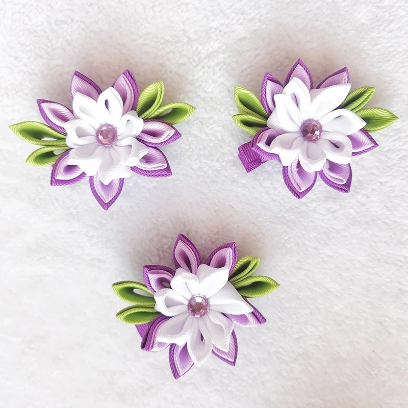 Variety of Colors Customer Girls Pigtail Flower Bows Hair Clips Schools Ribbon Purple Hair Bow