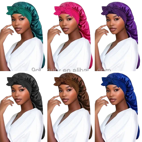 High quality custom logo wholesale satin long braid bonnets with bow ties