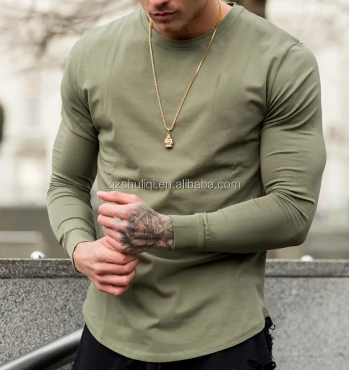 Пользовательские Удлиненные футболка с длинным рукавом шишки высокое качество ткань оптом в хаки