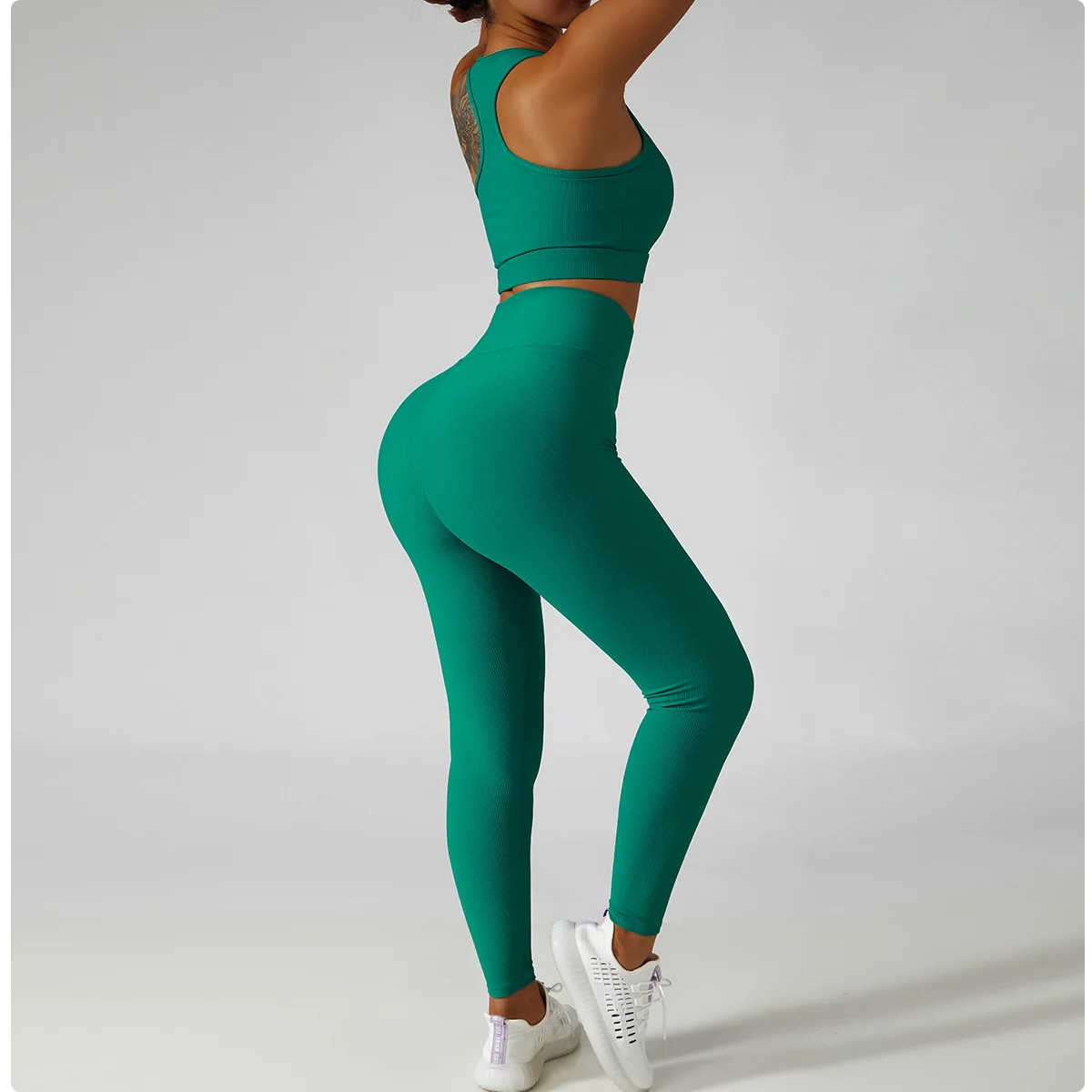 Fitness Yoga Leggings Set For Women V Neck Supportive Sports Bra 2 Pieces Gym Wear Scrunch Butt Yoga Pants Suit