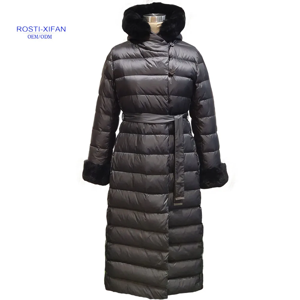 
Women Duck Down Fur Slim Outdoor Winter Coat with the Rex Rabbit Fur on the Hood and Cuff 