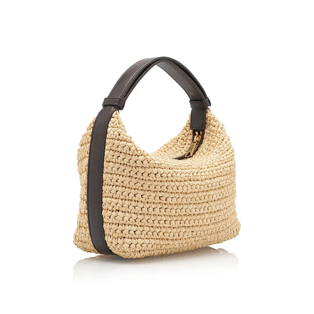 Full Custom Handmade Crochet Raffia Shoulder Bag With Leather Handle Handbag Eco-friendly Rattan Weaving Purse for Women Luxury