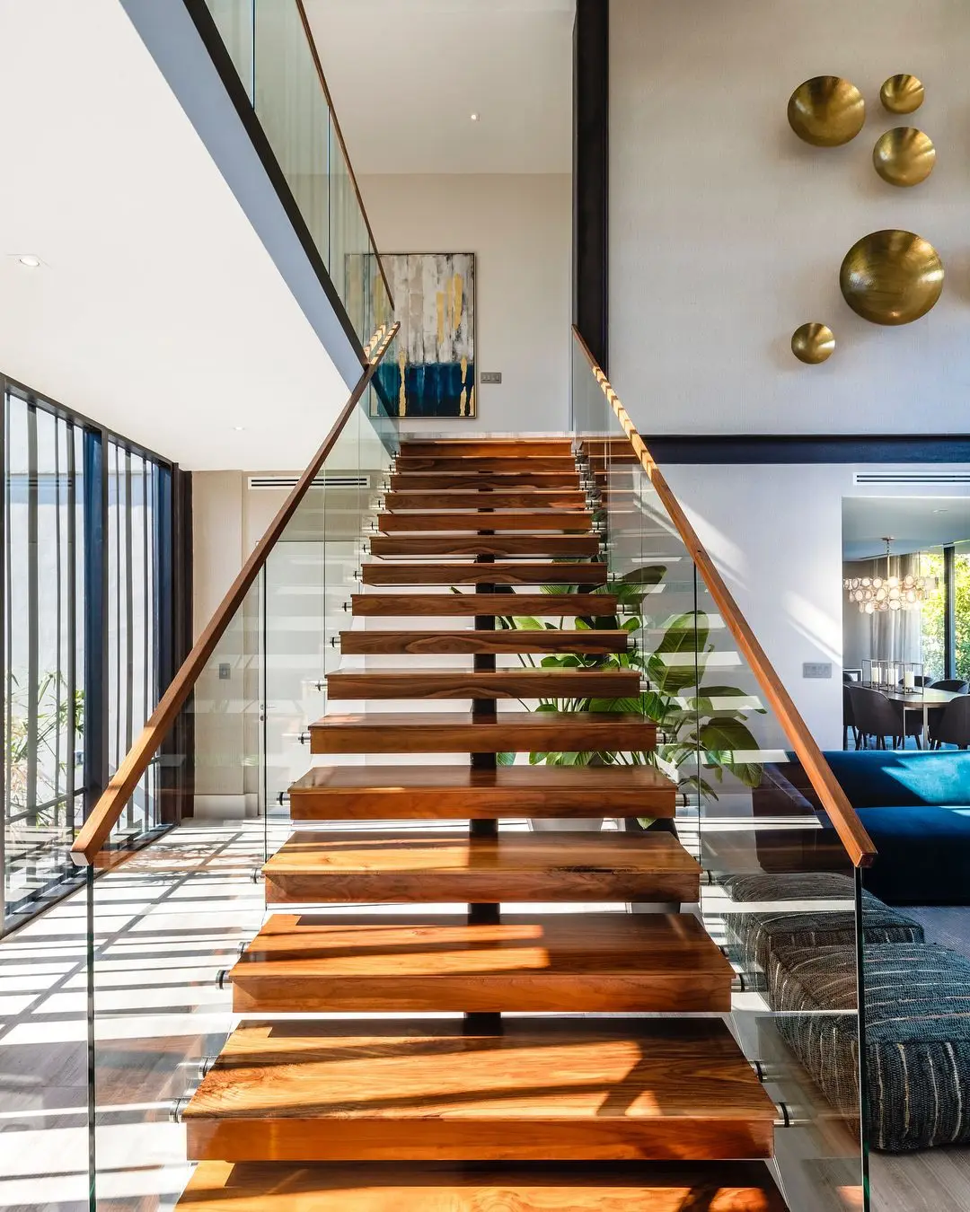 Luxury Design Basement stair pre-buried Stringer Staircase wood marble glass steps straight Floating stairs
