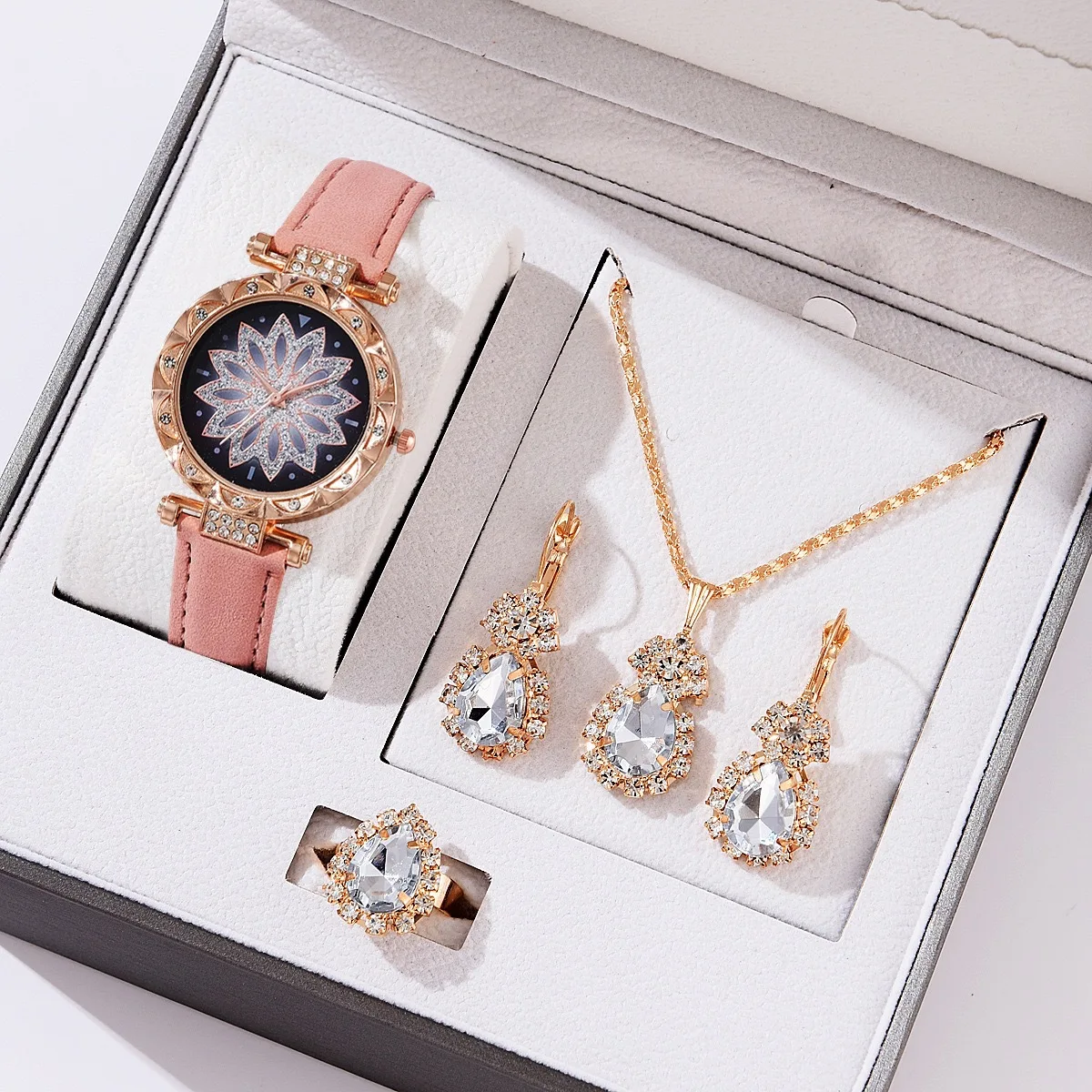 women watch set Hot Selling 4 Pcs Pu Watch Set Colorful Drop Pendants Earrings Bangle Jewelry Set For Women