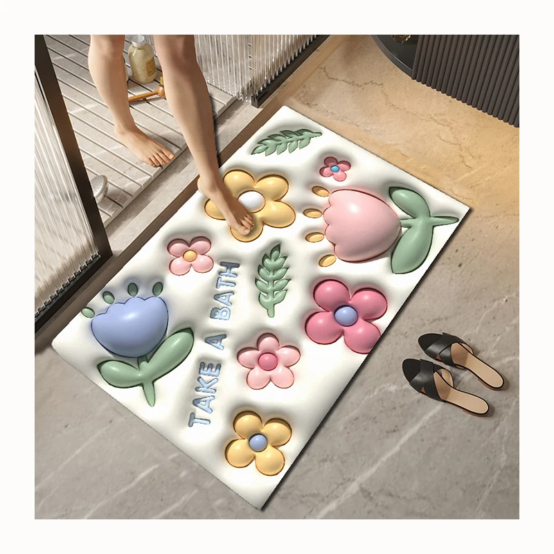 Diatom Mud 3D Printing Cute Flower Anti Slip Absorbent Soft Toilet Foot Mat Quick Drying Bathroom Door Mats
