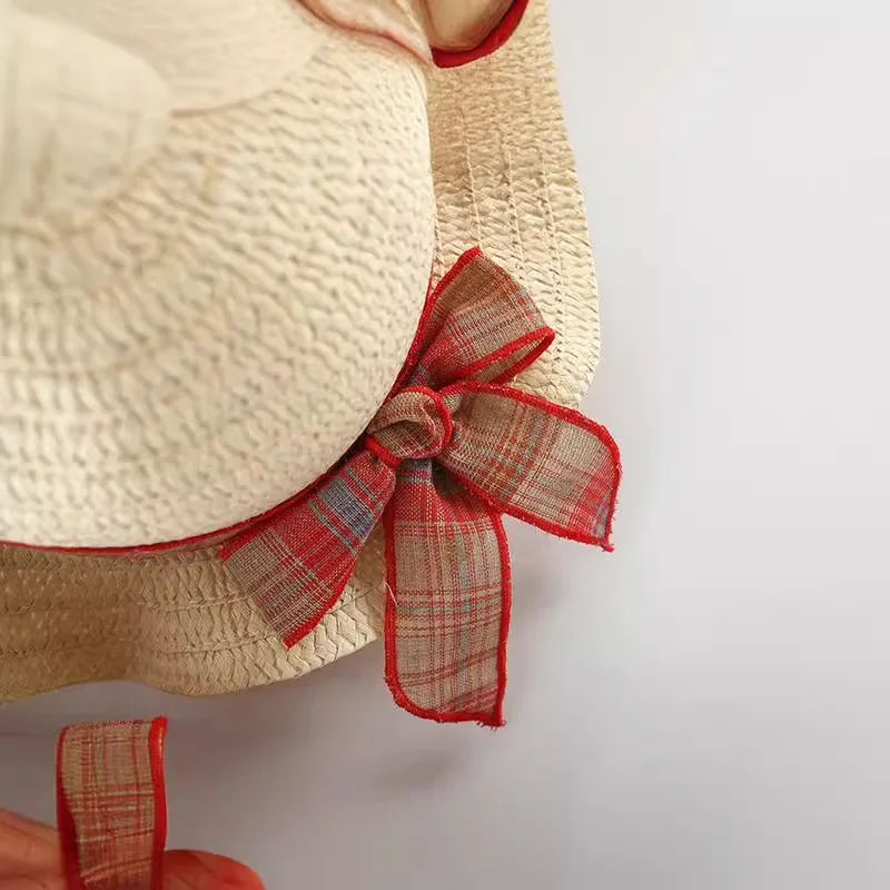 2024 new summer red plaid thousand-layer suspender skirt comes with the same straw hat