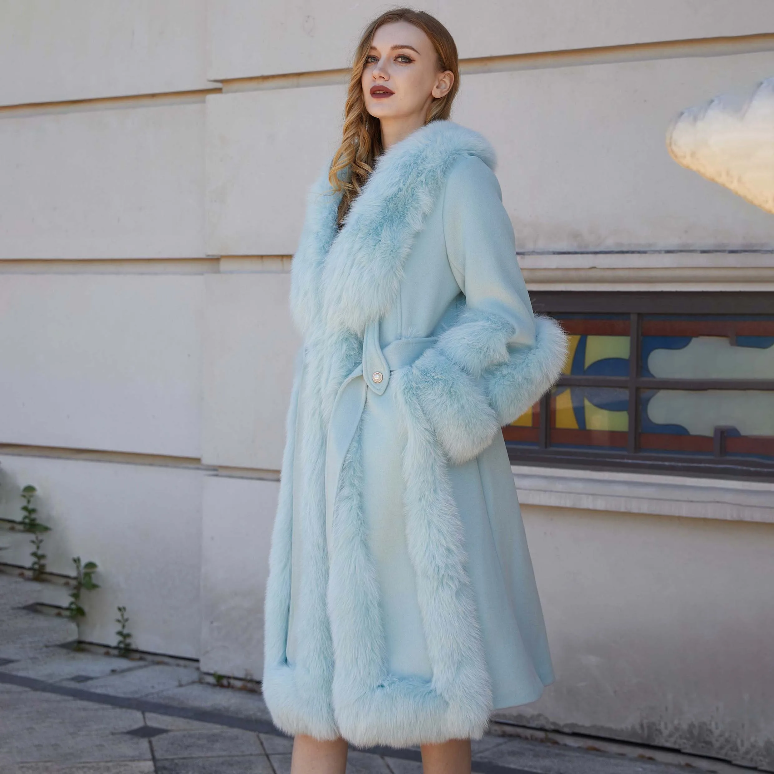 Elegant Style Super Large Ladies Fox Fur Collar Doubleface Cashmere Winter Wool Coat