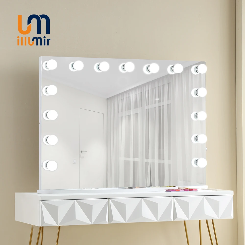 ILLUMIR HD Hollywood Style Mirror Large Aluminum Framed Led Lighted Table Vanity with 15 Light Bulbs for Girl Vanity Cosmetic