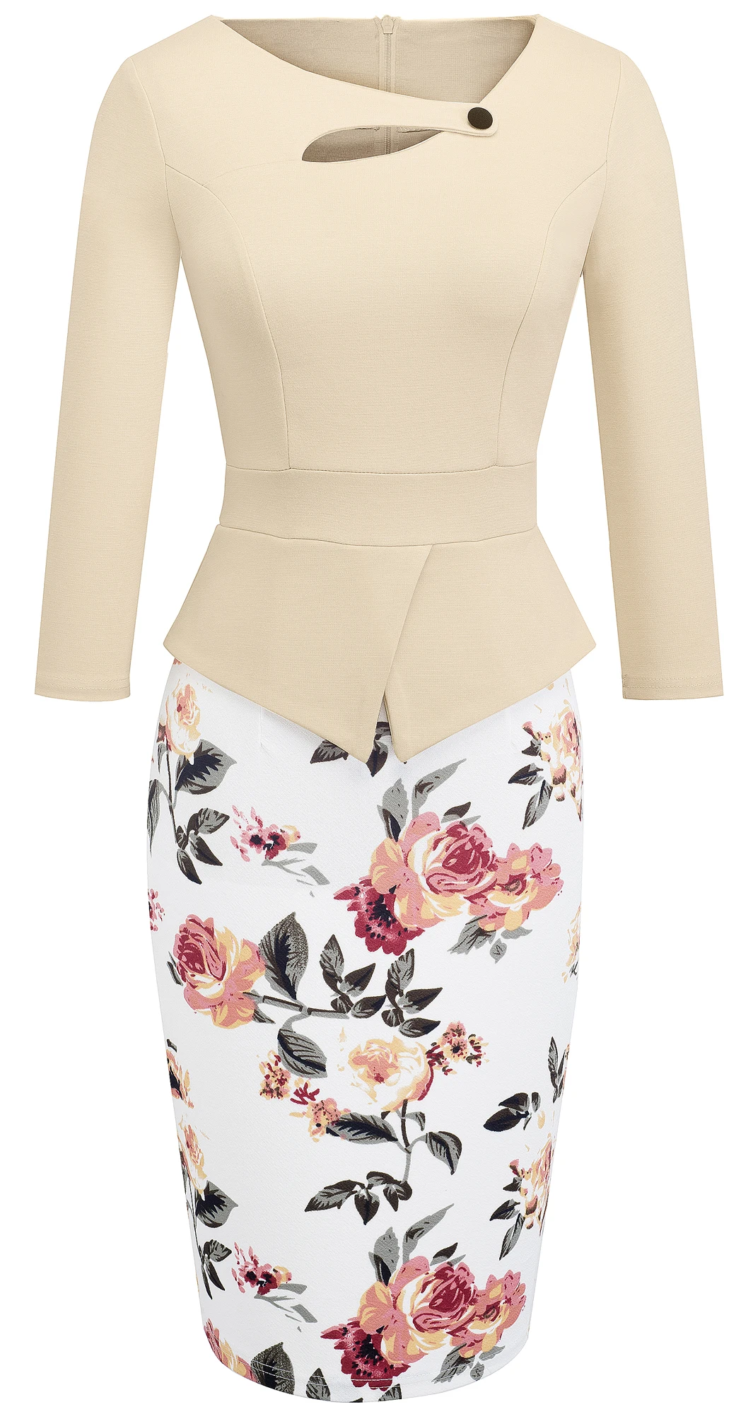 
Womens Scoop Neck 3/4 long Sleeve Floral solid Bodycon Church Elegant Chic Formal Business Work Office Midi Sheath Pencil Dress 