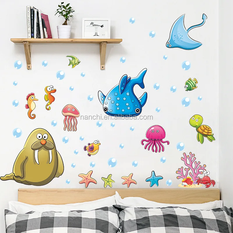 3D cartoon dolphin wallpapers for kids Blue ocean wallpaper sea decoration interior murals kindergarten kid wall mural stickers