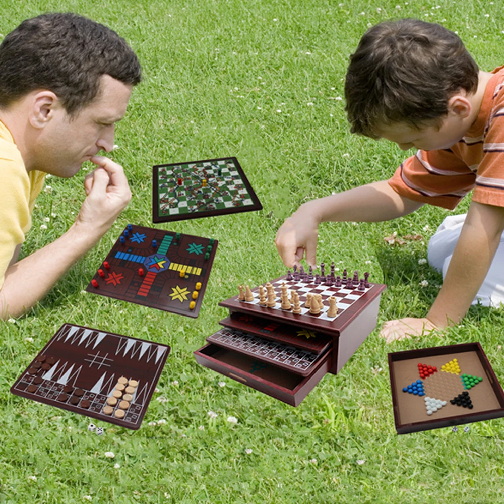 2022 New design Multi-function Wooden 15 in 1 or 10 in 1 games set - chess/backgammon/ludo /checker/sanke ladder/mancala