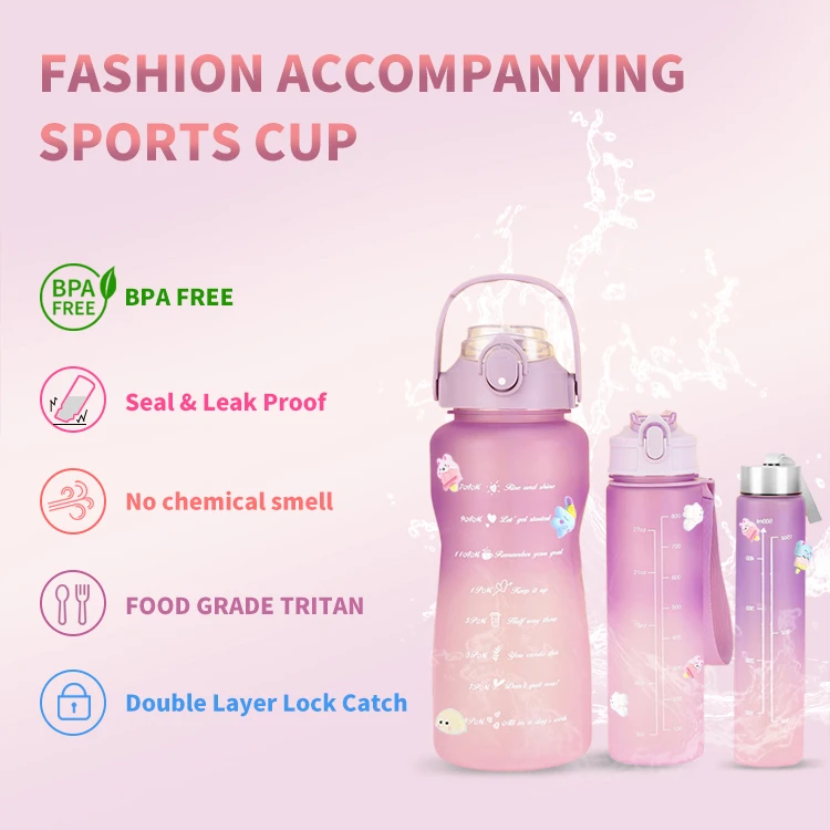 3 in 1 PC Plastic Large Capacity 300ml 900ml 2000ml Sport Water Bottle Set Bottles Wholesale With Time Reminder