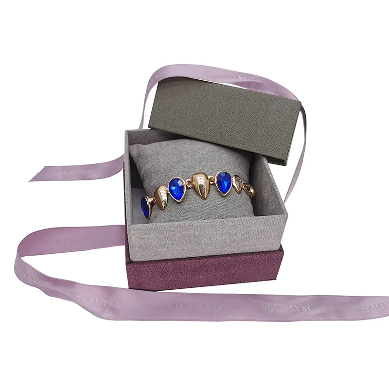 High-End Microfiber Pendant Bangle Ring Packaging Gift Jewelry Set Box With Polyester Ribbon Bow