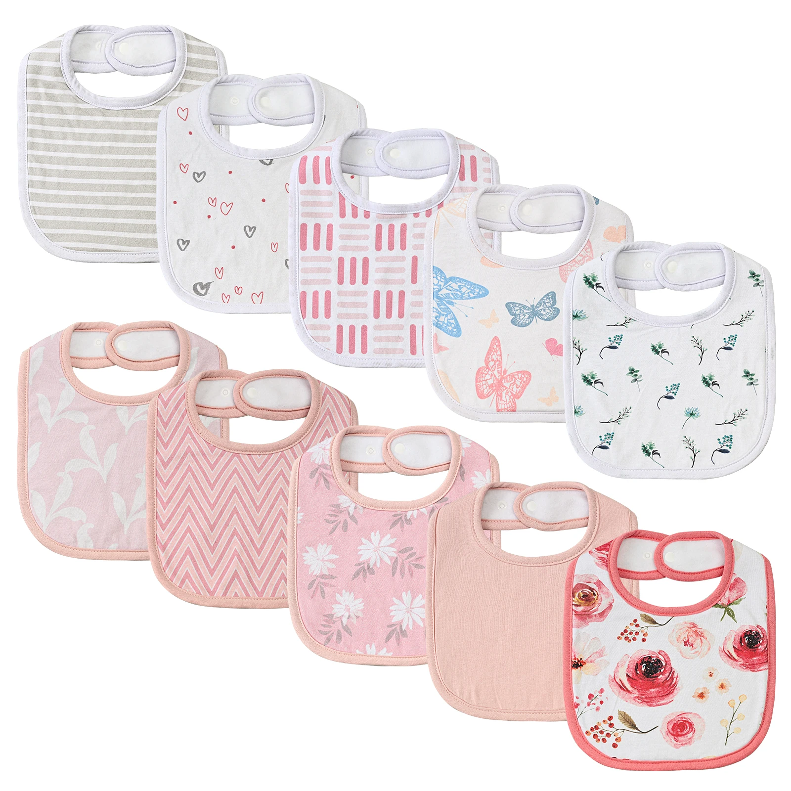 10 Pack Baby Bibs for Boys and Girls, Soft and Absorbent Muslin Cotton, Adjustable Snap, Teething, Drooling, Gift for Newborns