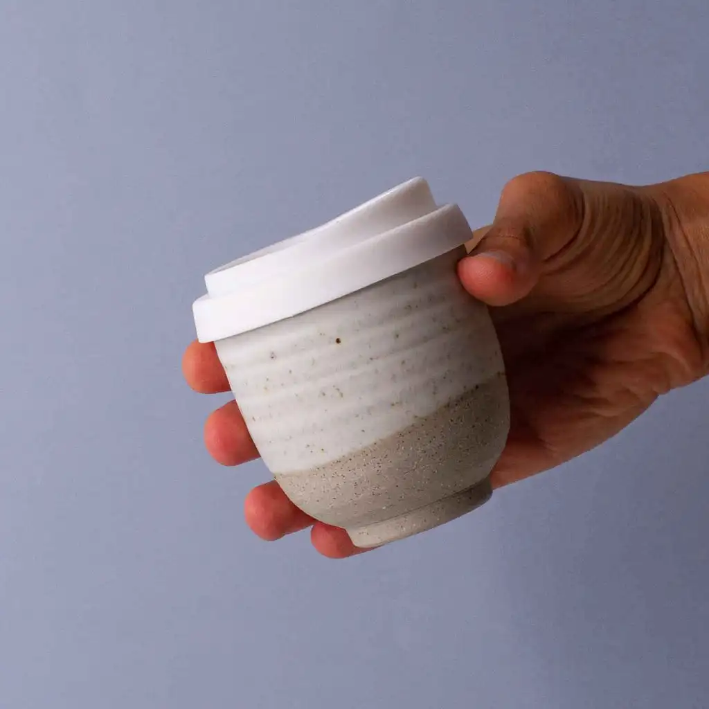 New arrival gift item rustic modern stoneware coffee tea cup sets double wall ceramic travel mug with silicone lid