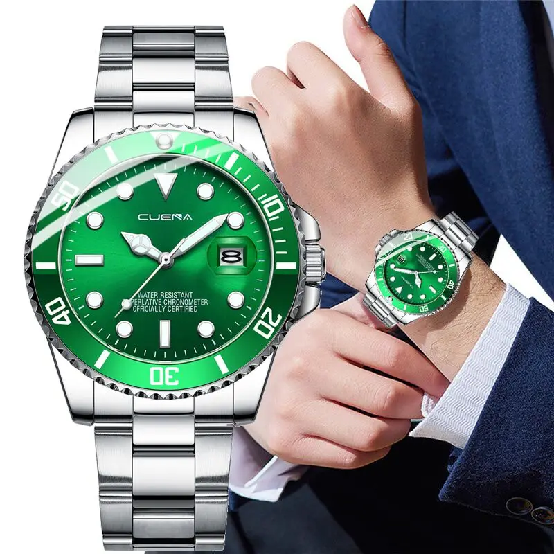 3ATM waterproof  luminous Quartz man stainless steel green  Dial  Man Wristwatch Cheap Watches in Bulk  montre