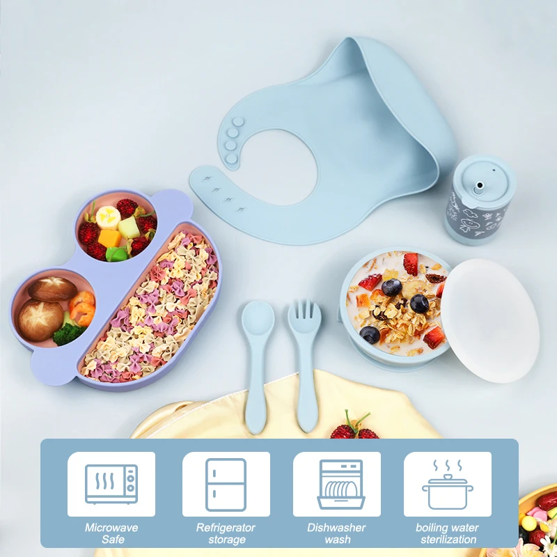 Eco-friendly Silicone New Born Baby Feeding Nursing BPA Free Dinnerware Car Plates Bib Set Kids Dining Babi Spoon And Fork Set
