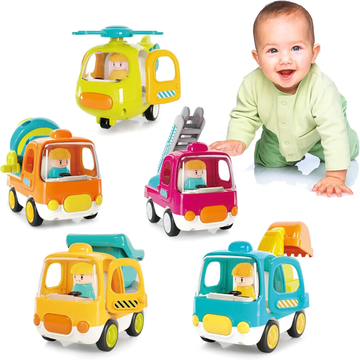 CPS Light-Up Construction Vehicles Toys Helicopter Shape Pull Back Car Toys for toddler with Music Sound