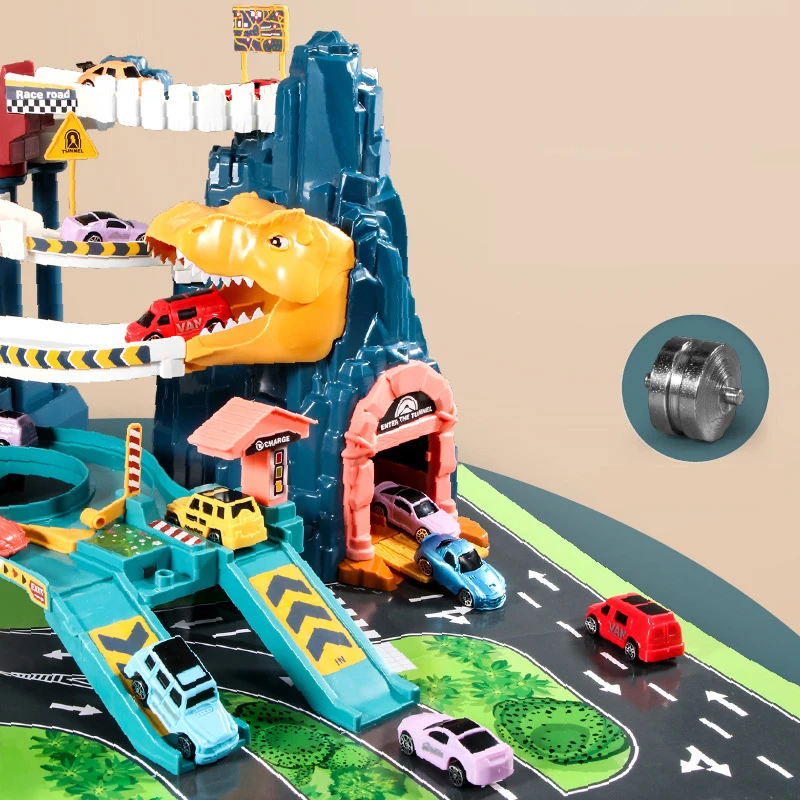 2022 China Factory Direct Supply Dinosaur Mountain Road Parking Lot Slot Toy Vehicles