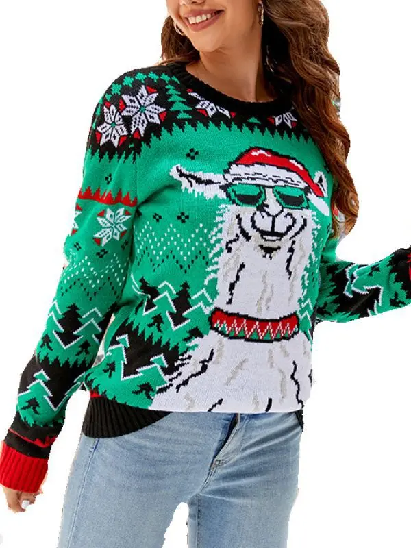 European American Autumn Winter Alpaca Jacquard Crewneck Pullover Knitted Sweater for Women Top Logo Front New Christmas Design