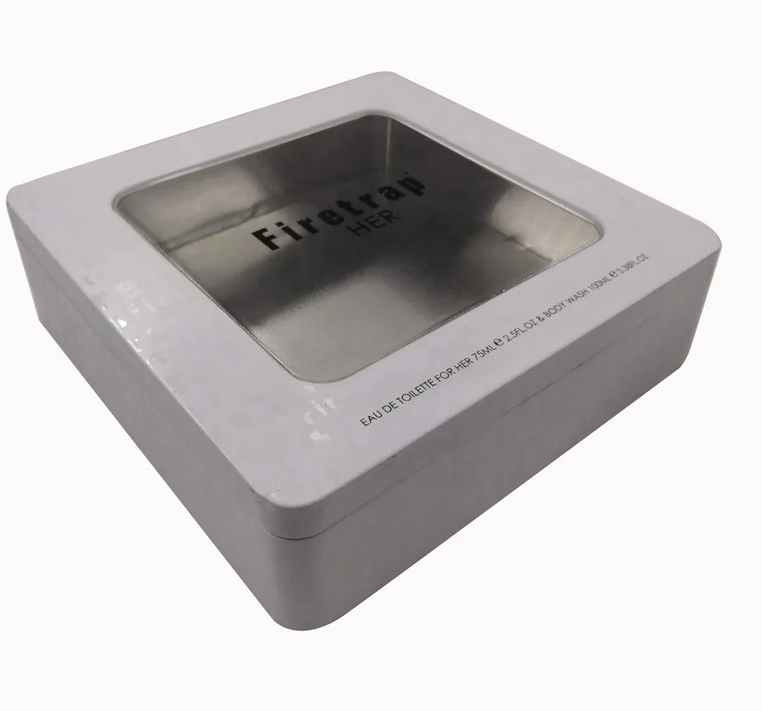 
China factory square tin box with clear window lid and logo embossed 