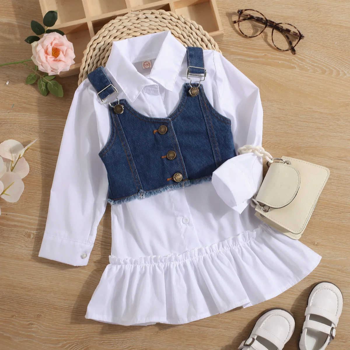 Top Leader White Blouse Dress + Denim Outfit Bandage Vest Two Piece Kids Suits for Girl 2022 Spring Children Set Girls Clothes