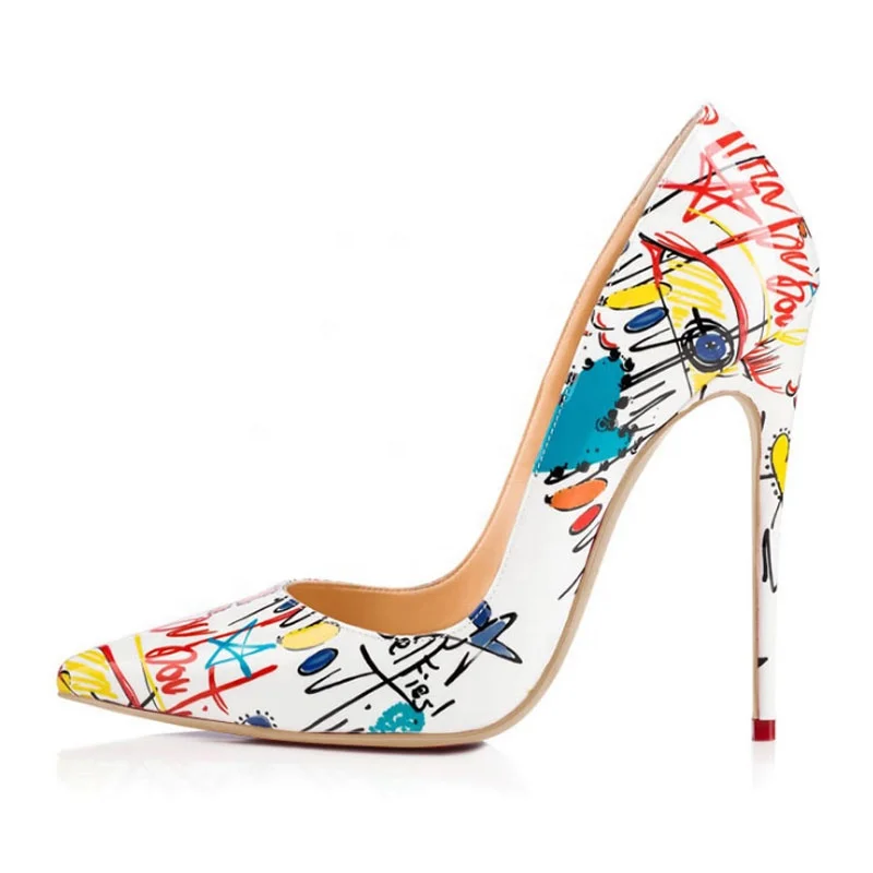 Cute Cartoon Letter Graffiti Pointed Toe High Heel Shoes Women Fashion Pumps Slip On Customized Big Size 45