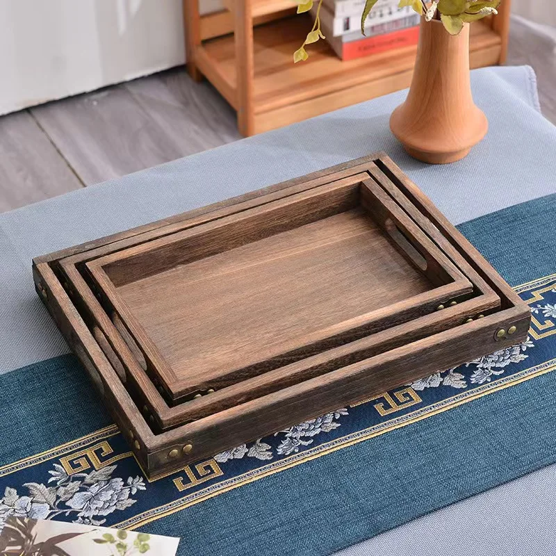 Wholesale Custom Logo Paulownia Wood Japanese Storage Tray with Handle Creative Rectangular Tray for Living Room