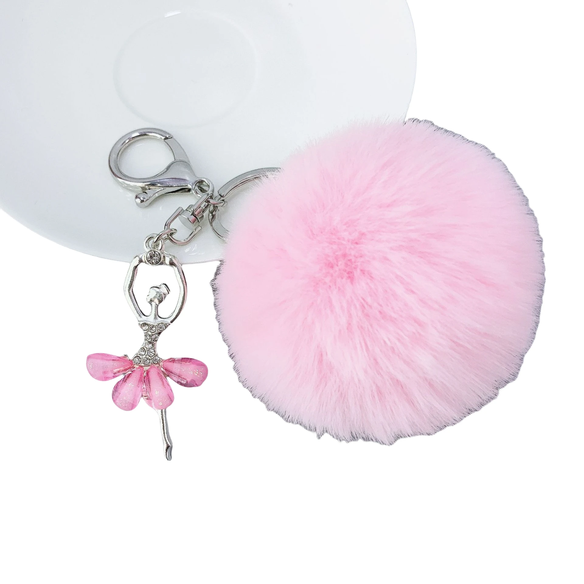 Promotion fashion Pom Pom Keychain Crystal Ballet Dancer Keyring Pendent Cute Rabbit Fur puff ball Plush Key Chains Accessories