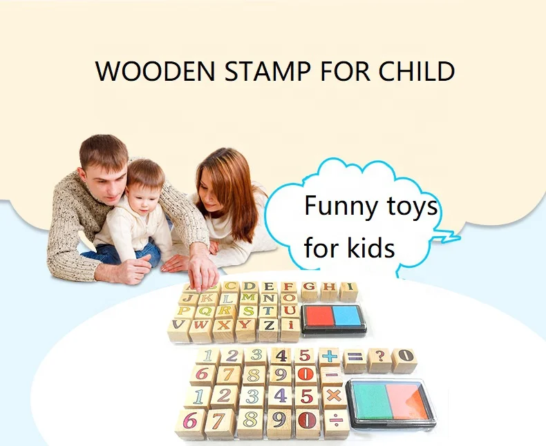 Children Toys Custom Personalised Alphabet Letter Number Wooden Stamp Set for Kids With Ink Pad