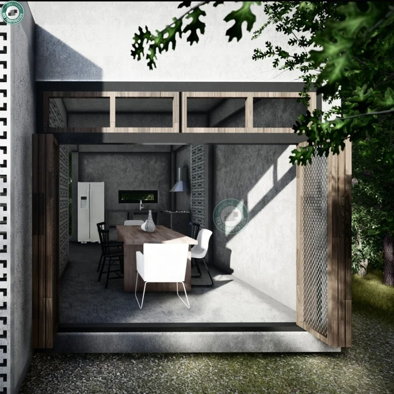 New Prefabricated Industrial Concrete House Decorated with Wood Louvres 2 Storey Modern House in Thailand