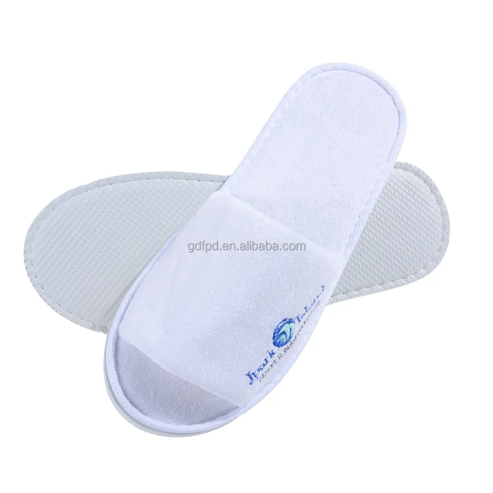 Indoor White Terry Open Toe Disposable Slippers 5mm Eva Sole with Label for Hotel Spa Airline