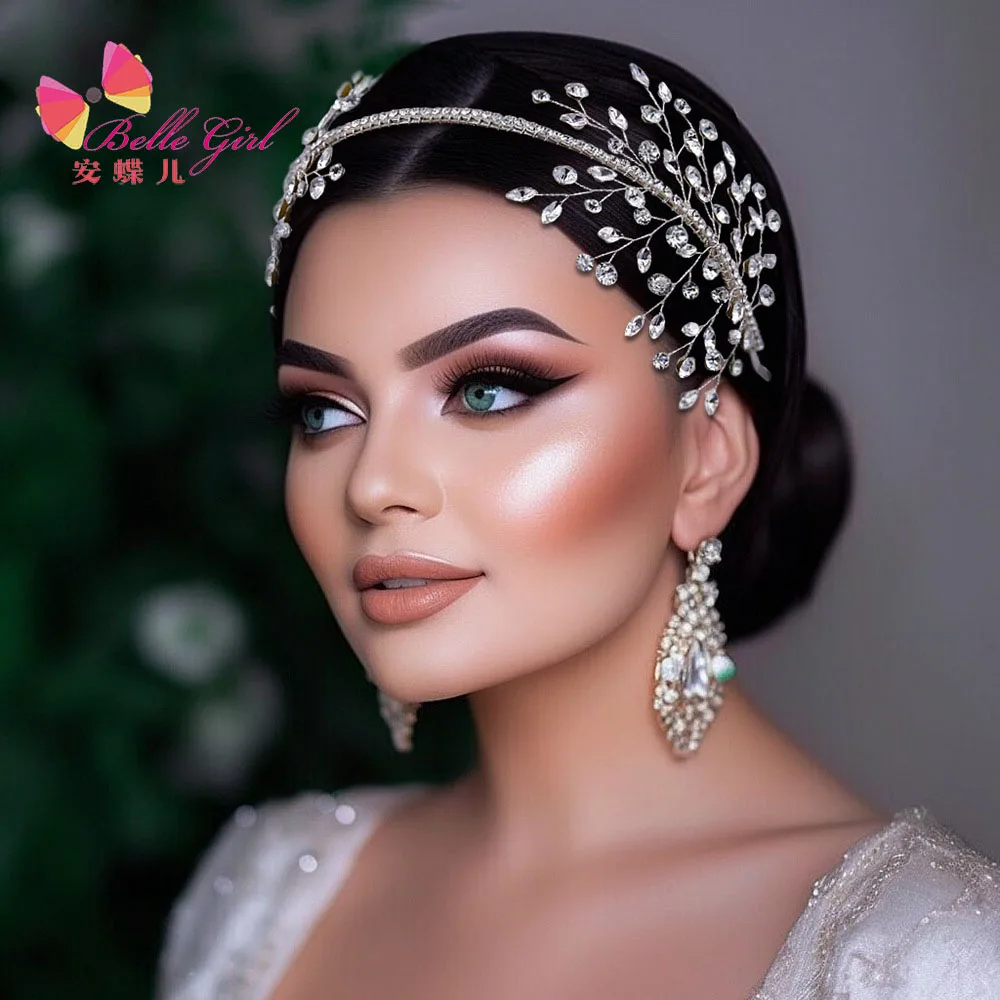 BELLEWORLD bride accessories handmade high quality silver rhinestone leaf shape wedding headpiece rhinestone headbands for bride