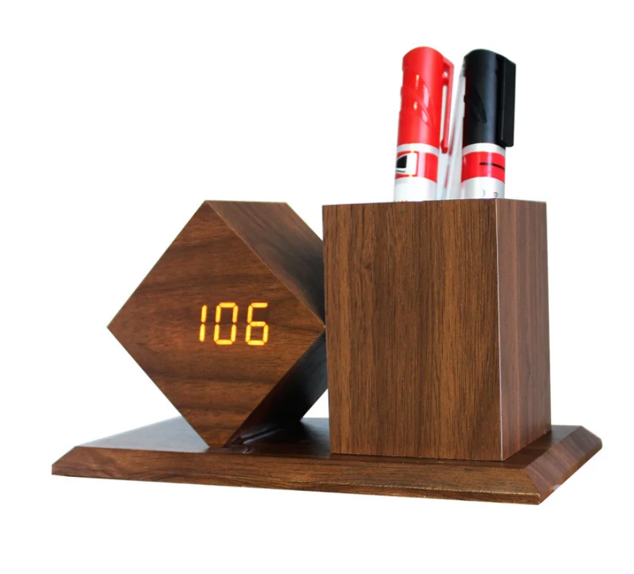 Manufacturer Custom Decor Square Stand Kid Desk Table Wood Digital Led Alarm Clock With Pen Holder