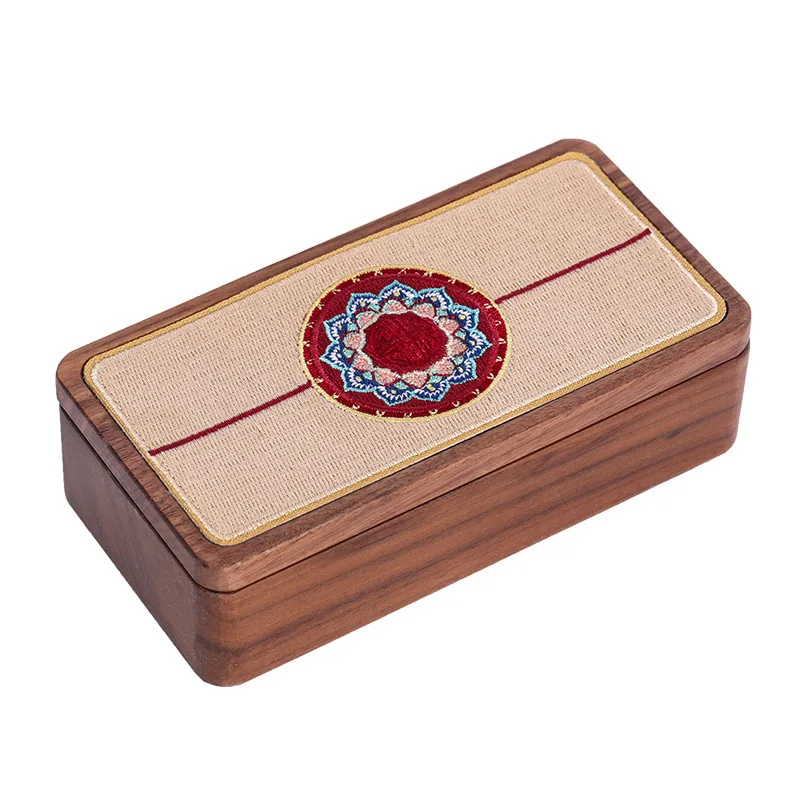 Chinese Style Fine Embroidery Design Magnet Lid Black Walnut Wooden Box For Jewelry