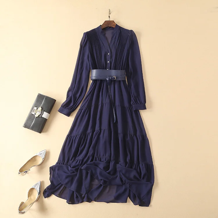 
Spring 2021 Temperament V Neck Long Sleeved Pink Dress Waist Slimming Long Skirt Dress 