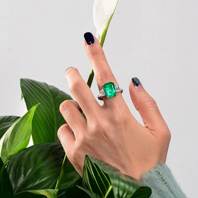 Green square emerald ring with side stones emerald engagement rings for women