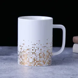 15OZ China Manufacturer Promotional Golden Square Speckles Spots Ceramic Mugs Black Coffee Mug With Golden Lid