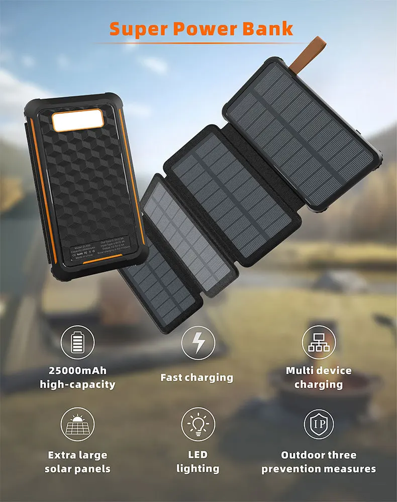Outdoor Waterproof 25000mah Folding Solar Panels Portable Solar Charger Power bank with LED Light