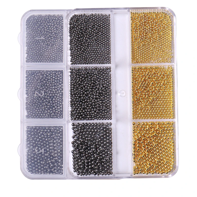 Customized 6 Grids Packing Nail Jewelry Factory Price Wholesale Silver/Black/Gold/Rose Gold Steel Nail Art Caviar Beads