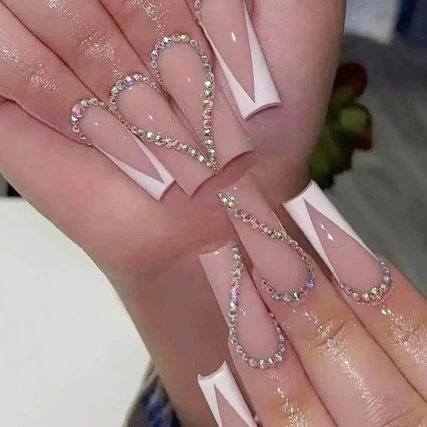 High Quality Luxury Diamond Elegant White French With Nude Color False Nails Extra Long False Nails Tipc Curve Elegant Design