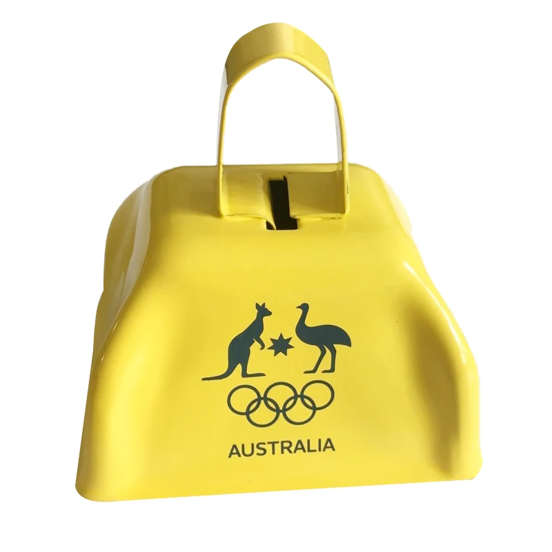 Wholesale Custom Logo Sporting Antique Style Yellow Cow Bells Iron Model with UV Printing for Business Gifts and Noise Makers